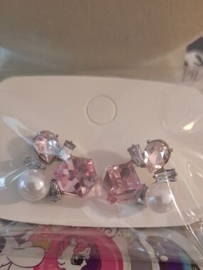 Pink Crystal & Pearl Cluster Drop Earrings